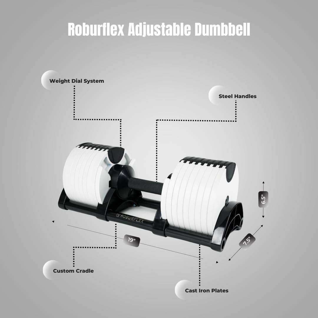 ROBURFLEX Adjustable Dumbbell (Single) 5-40/80lb, 5lb Increments, for Home Gym Fitness - Upto 20 weight settings (WHITE - 80LB)