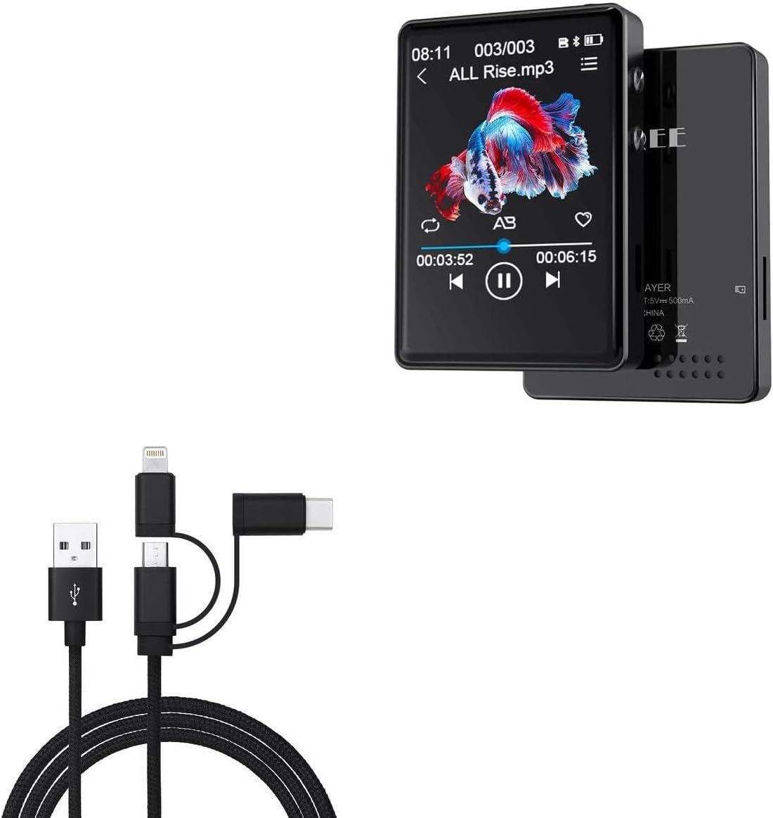 BoxWave S7 MP3 3-in-1 Cable Compatible with QNGEE Portable Player - AllCharge Cable - Jet Black