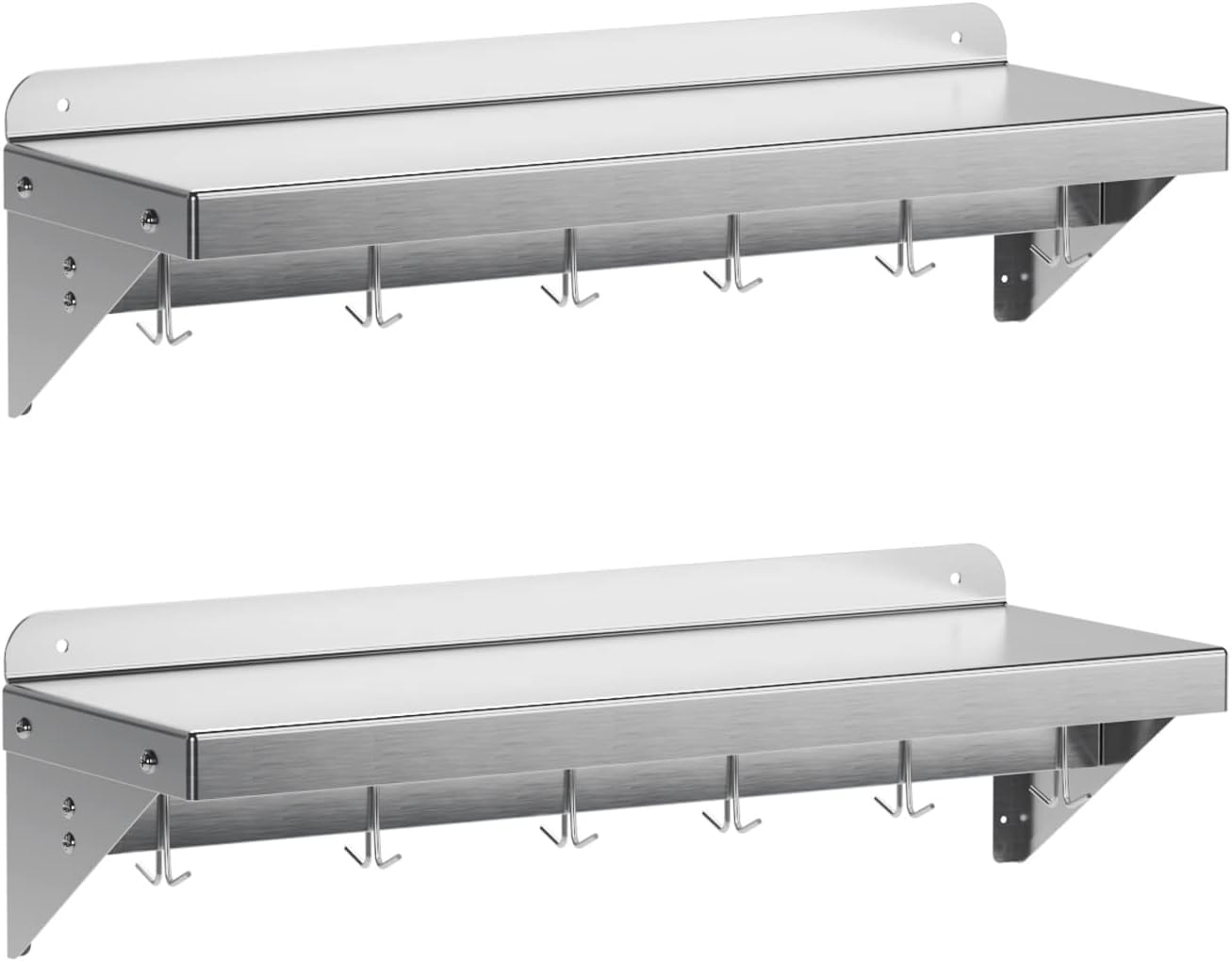 DEXSO 2 Pack Stainless Steel Wall Mount Shelves 12" x 36" NSF Certified with 6 Hooks - Versatile Metal Storage Racks with Backsplash for Organizing Cookware in Home and Kitchen