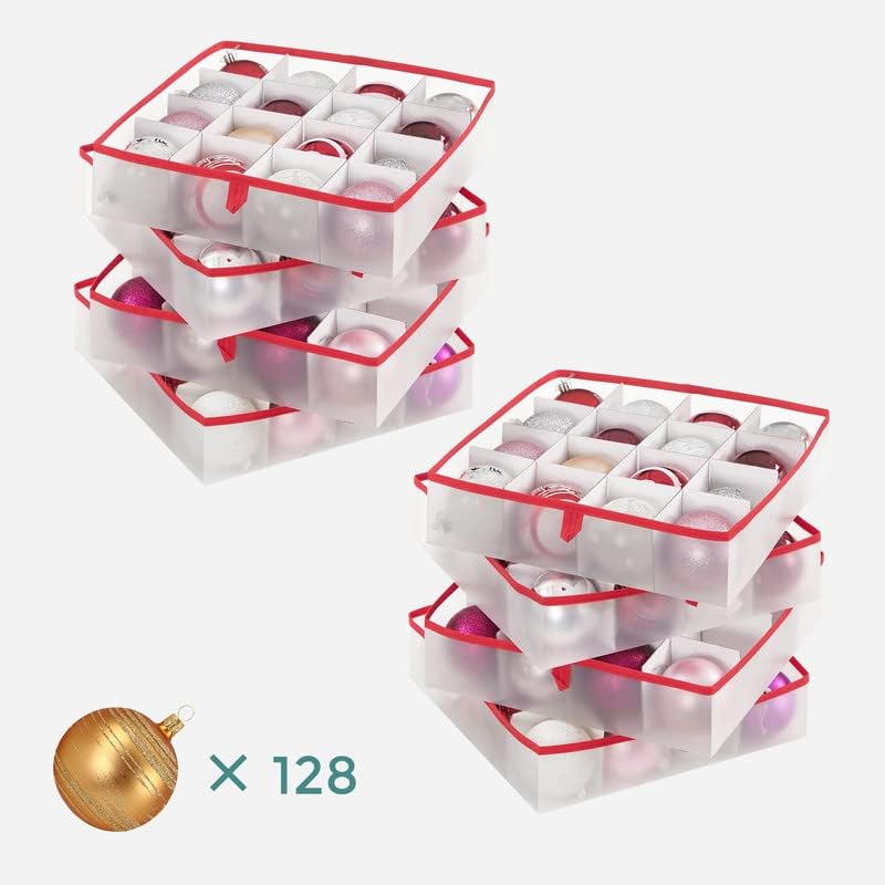 SONGMICS Christmas Ornament Storage Box - 128 Slots for 3-Inch Balls | Durable Plastic with Dual Zippers, Cherry Red