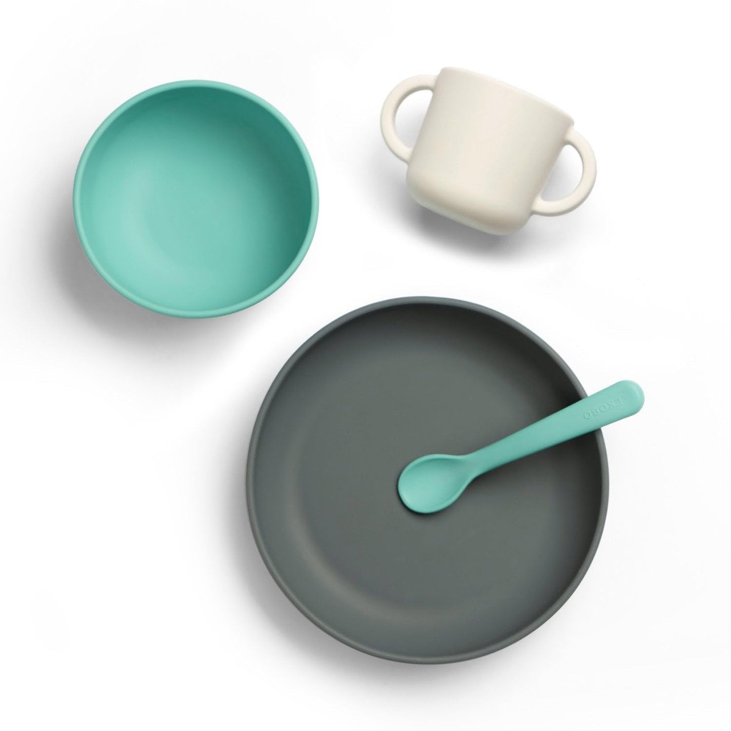 EKOBO Silicone Baby Meal Set – Lagoon, 4‑Piece Baby Feeding Essentials, Suction Toddler Plates and Bowls Set, Two‑Handle Cup, Soft‑Tip Spoon, Microwave, Oven & Freezer Safe, BPA‑Free