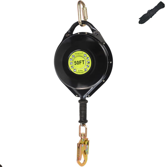 [Internal Shock Absorber] Self Retracting Lifeline Shemior 50FT SRL, Retractable Safety Lanyard, No Tangle+Aviation Grade Galvanized Steel Cable, Fall Arrest Roofing Gear, ANSI Compliant