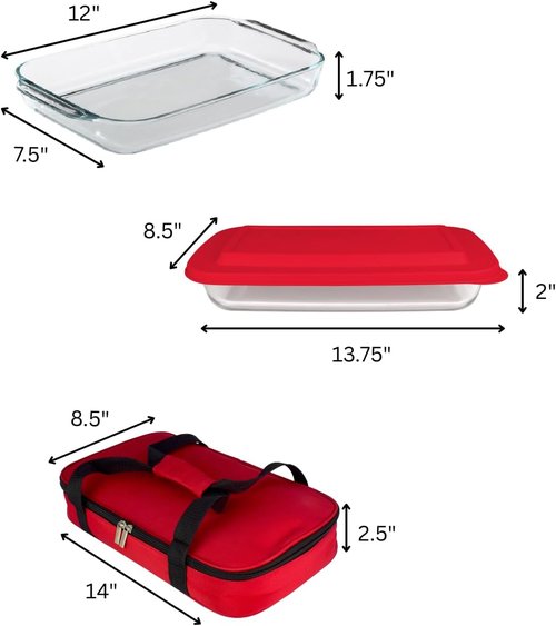 HW1236 Glass Casserole - Insulated Bag for Picnics & Potlucks | Retains Hot & Cold Food, 12"x7.5"x2", Red