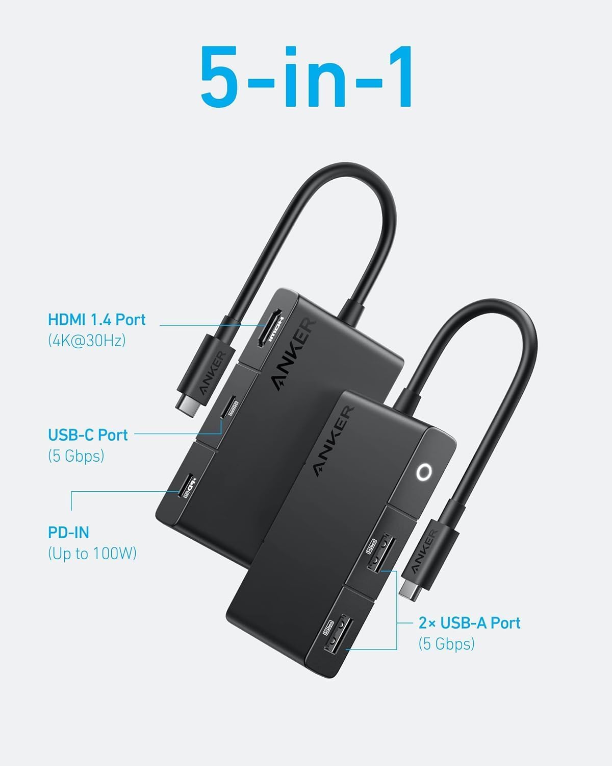 Anker 332 (5-in-1, 4K 4K 2 3.0 USB C Hub HDMI) Adapter Expand USB-C Laptop with HDMI, USB-A Ports, SD/TF Card Readers