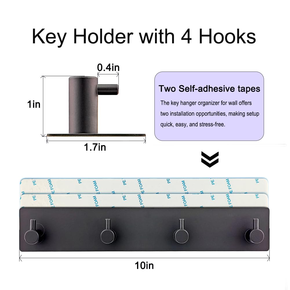 StrugDeas Key Holder for Wall with 2 Self-Adhesive Tapes， Key Hanger Organizer for Wall with 4 Hooks，Metal Key Rack for Door, Entryway, Kitchen Bathroom(Black)