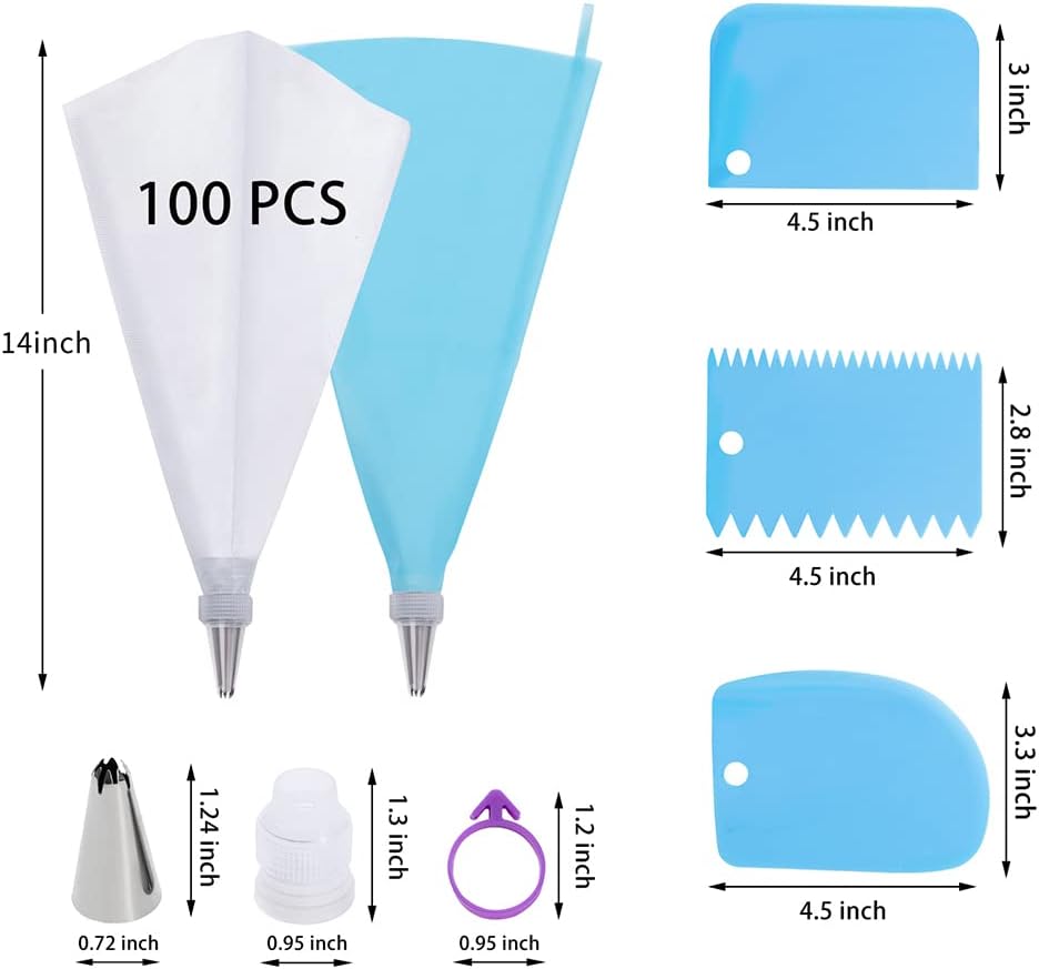 Skiennix Piping Bags and Tips Set - 100 Pcs 12 Inch Disposable Icing Bags for Cake Decorating | Includes Reusable Bag, Couplers, 12 Frosting Tips, 2 Ties & 3 Scrapers