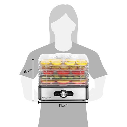 Elite Gourmet EFD3321 Food Dehydrator, Stainless Steel Trays Adjustable Temperature Controls, Jerky, Herbs, Fruit, Veggies, Dried Snacks, Stainless Steel