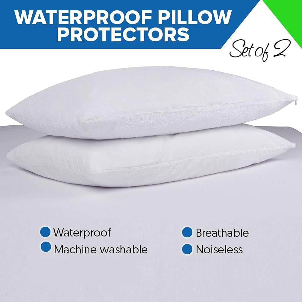 PlushDeluxe Pillow Protectors - Waterproof & Hypoallergenic Encasements | Queen Size 20”x32”, Set of 2