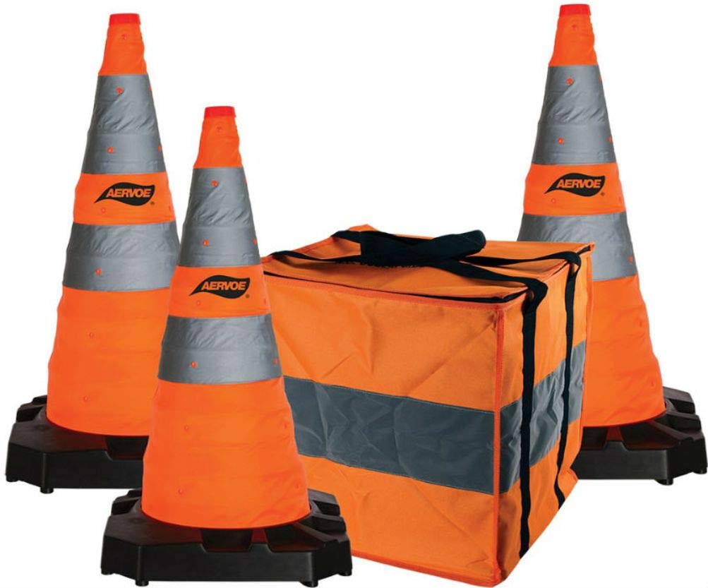 Aervoe 1186-3 Heavy Duty 28" Collapsible Orange & Silver Safety Cone (3 Pack), Collapses Flat for Easy Storage, Made of Durable Nylon, Reflective 4" and 6" Stripes, Includes 2 Blinking Red LED Lights
