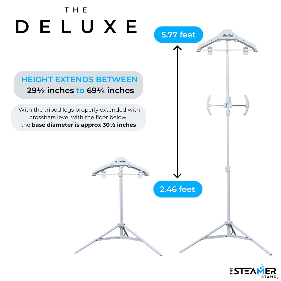 The Steamer Stand Deluxe | Adjustable Standing Garment Steaming Rack with Hanger | Fast, Foldable, Portable Clothes Steam Ironing Solution for Travel & Home