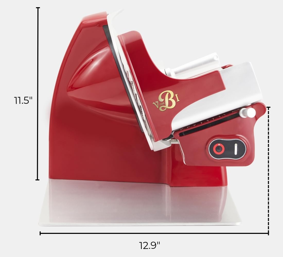VBI Milano 1898 Home Line Plus 200 Food Slicer | 8-inch Chromed Steel Blade | Adjustable Thickness | Premium Electric Slicer for Prosciutto, Cold Cuts, Cheese, Bread, Veggies and more (Red)