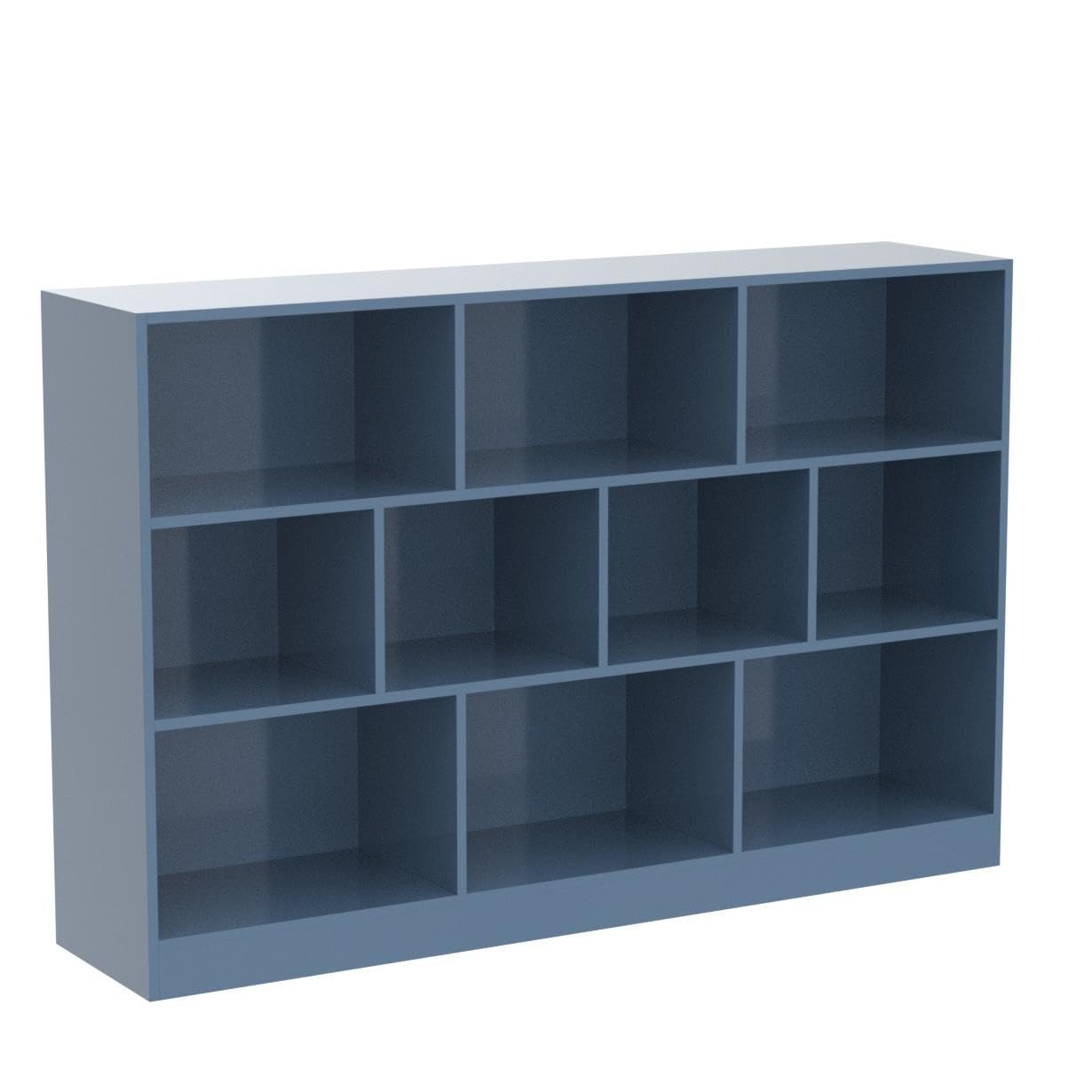 IOTXY Open Shelf Low Bookcase - Wooden 3-Tier Floor Standing Display Cabinet Organizer with Base, 10 Cubes Short Horizontal Bookshelf in Bright Blue