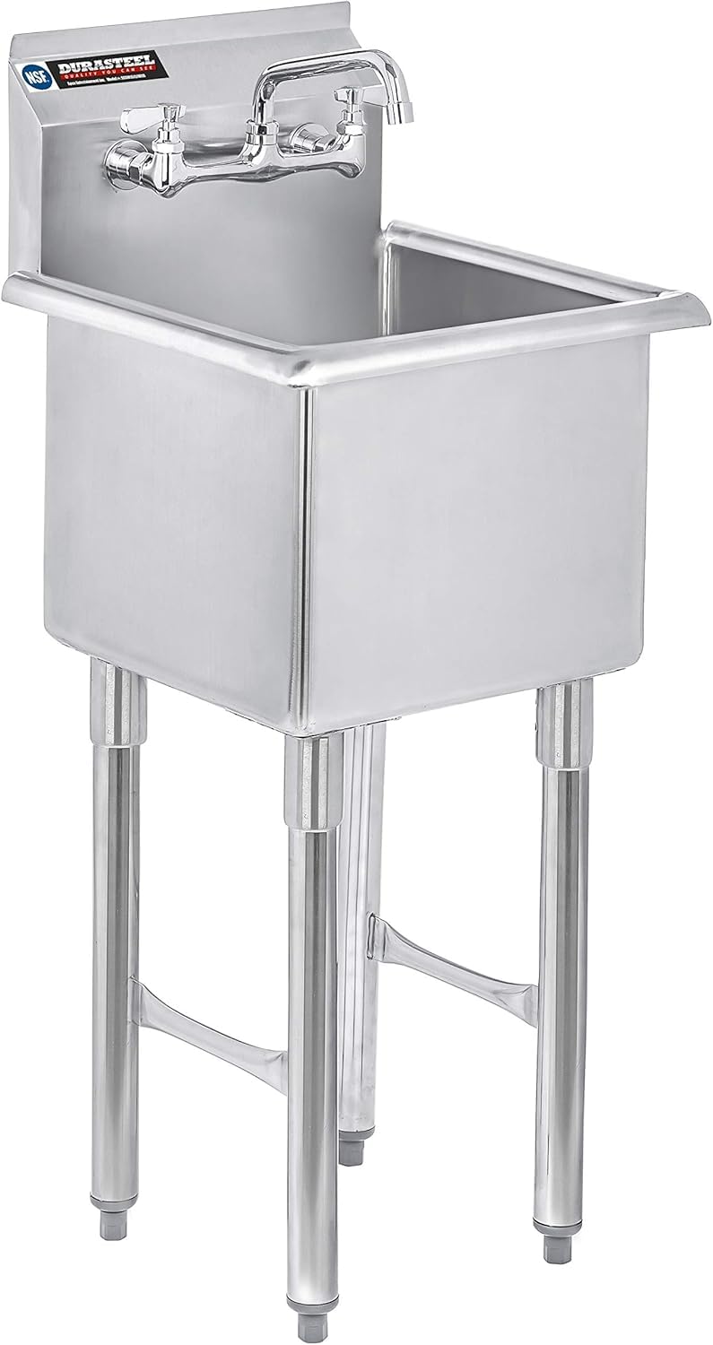DuraSteel 304 Commercial Stainless Steel Utility Sink - 15 Inch Tub Freestanding Prep Kitchen Sink w/Faucet - NSF Hand Wash Station for Kitchen Sinks, Outdoor, Laundry Room, Garage Small Kitchenette