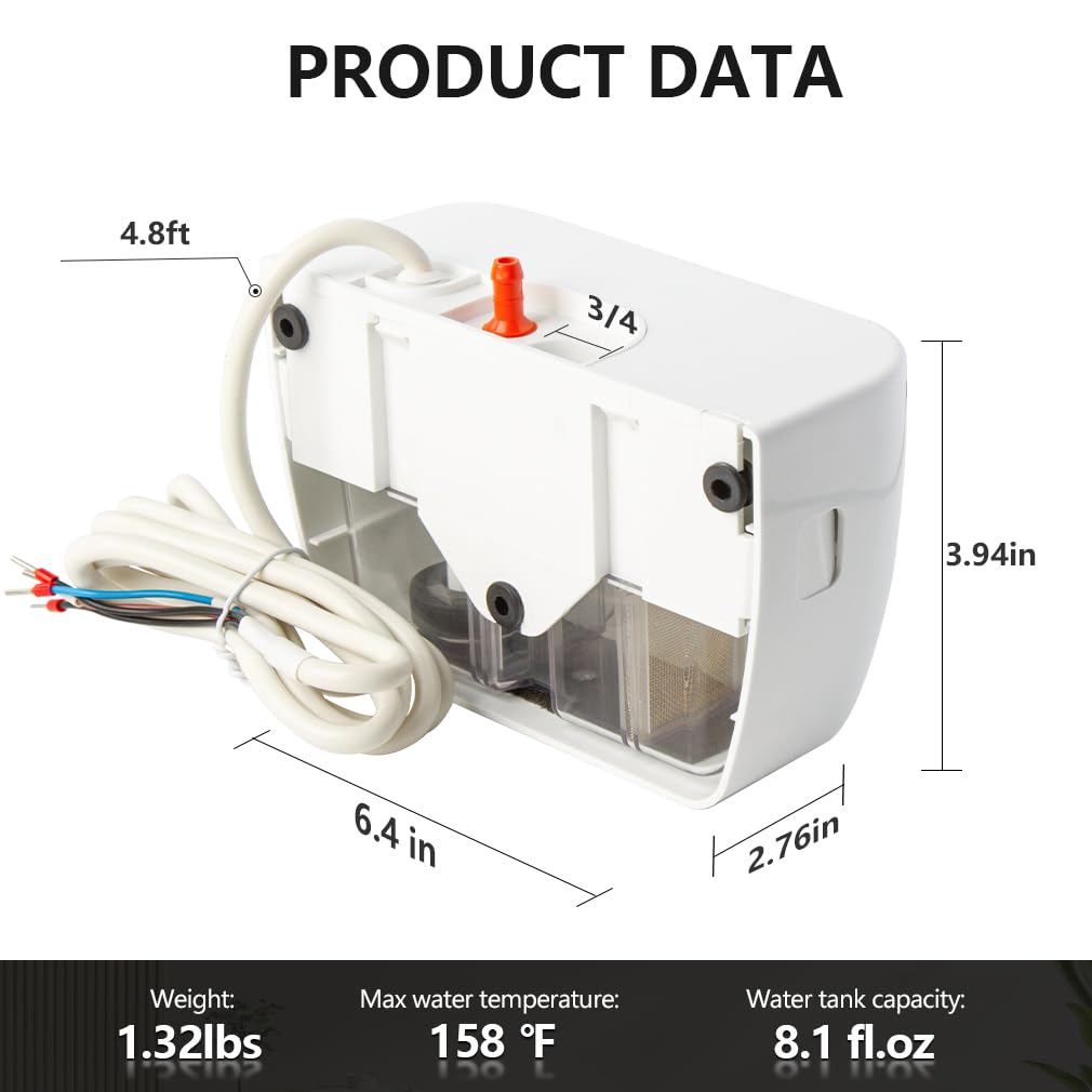 Wisewater 100-240V 65.6FT 10GPH Slient Mini Split Condensate Pump 19dB Low Noise Automatic Condensate Removal Pump with Safety Switch for HVAC Split AC HVAC Portable Air Conditioner Dehumidifiers