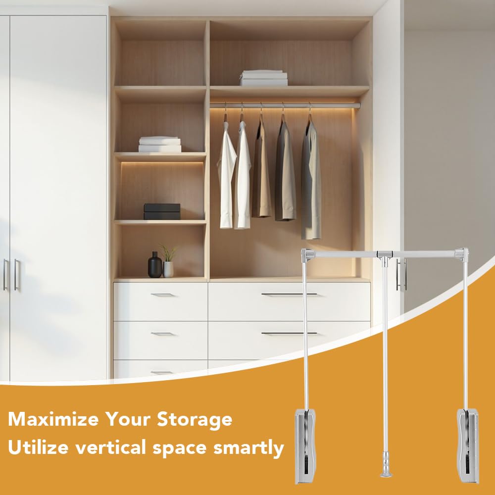 Greensen Adjustable Pull Down Closet Rod, Heavy Duty Aluminum Wardrobe Rail, Retractable Clothes Hanger Organizer, 32.7 to 45 Inches