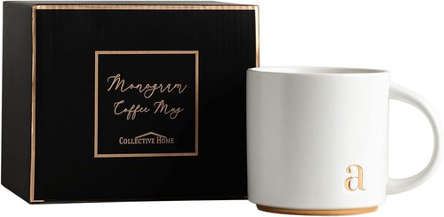 Collective Home Monogram Ceramic Mugs - 15 oz Golden Initial Coffee Cups | Elegant Personalized Gift Box