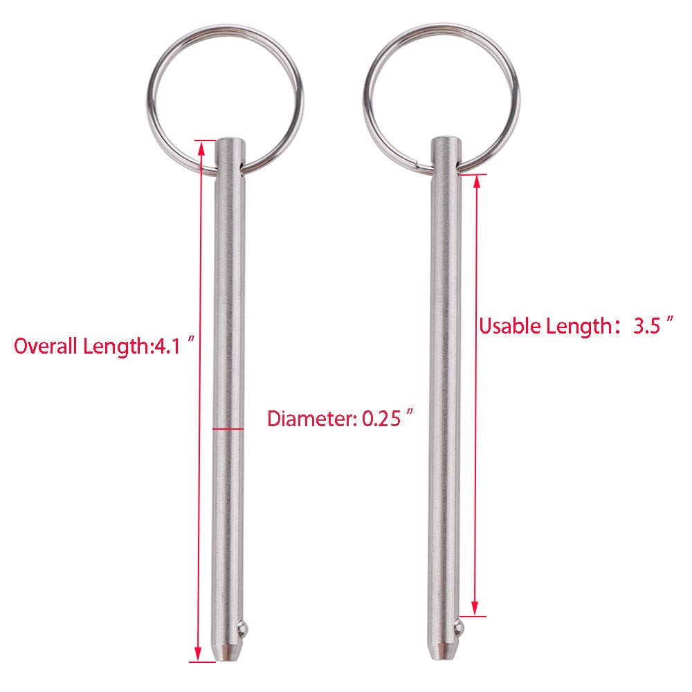 2 Pack Quick Release Pin, Diameter 1/4"(6.3mm), Overall Length 4.1"(105mm), Usable Length 3-1/2"(89mm), Full 316 Stainless Steel, Bimini Top Pin, Marine Hardware