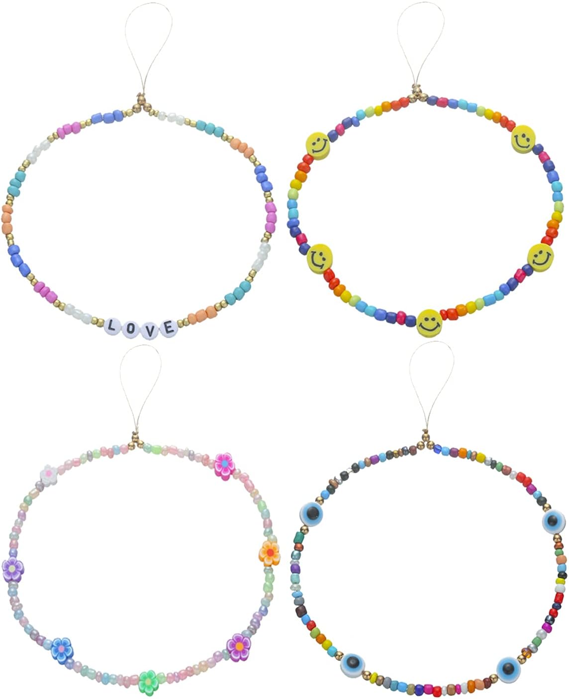 6PCS Taouzi Beaded Phone Charms Strap Fruit Star Faux Pearl Rainbow Beads Phone Chains Beaded Lanyard for Camera Key