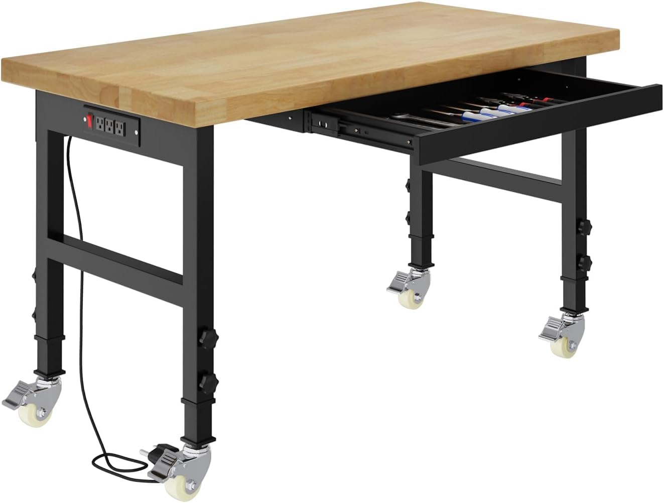 Pelnuies 48" Heavy Duty Work Bench with Drawers, Adjustable Height Workbench with Wheels, 2000 LBS Capacity Work Table with Power Outlets for Garage, Workshop, Office, Home