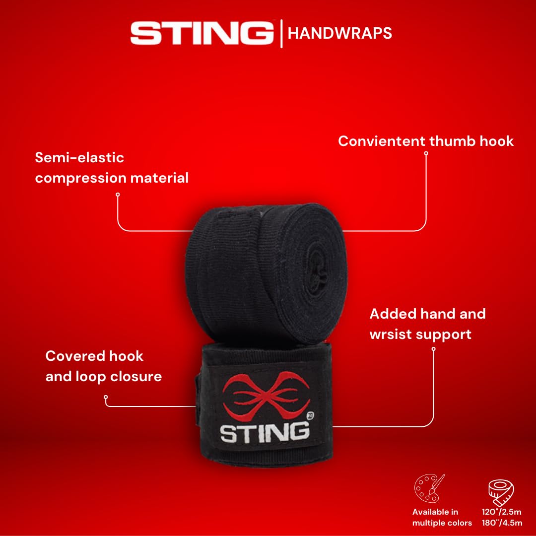 STING Elasticized Boxing Hand Wraps, Boxing Equipment for Professional Competition and Training, Black, 120 Inches