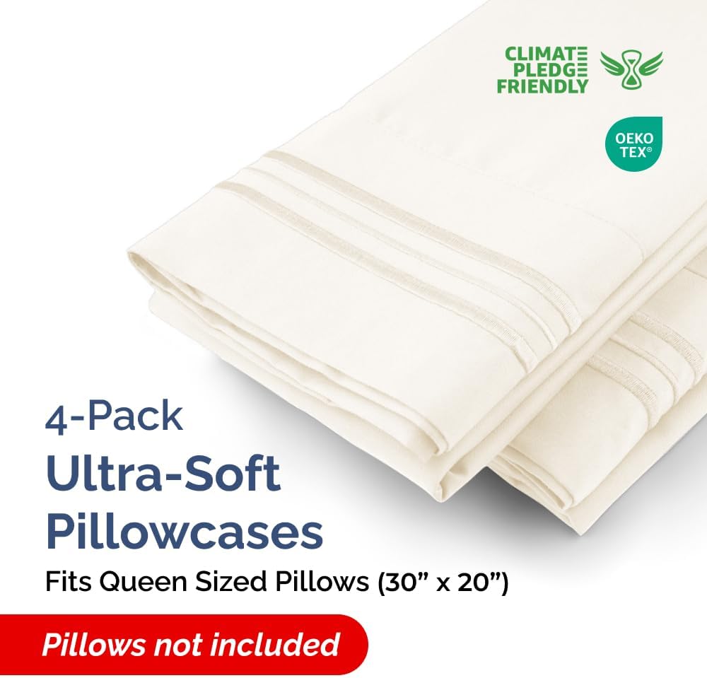 Queen Pillow Cases by [Brand Name] - Ultra Soft Hotel Quality Covers - Wrinkle Free & Stain Resistant - 4 Piece Set in Off White