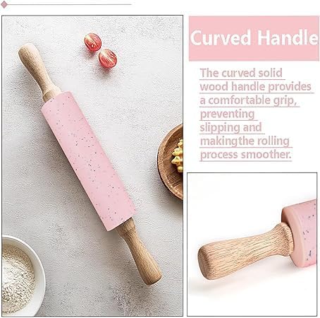 Skiennix Silicone Rolling Pin - 15-Inch Non-Stick Pastry Dough Roller with Wooden Handle | Ideal for Baking Cookies and Dumplings