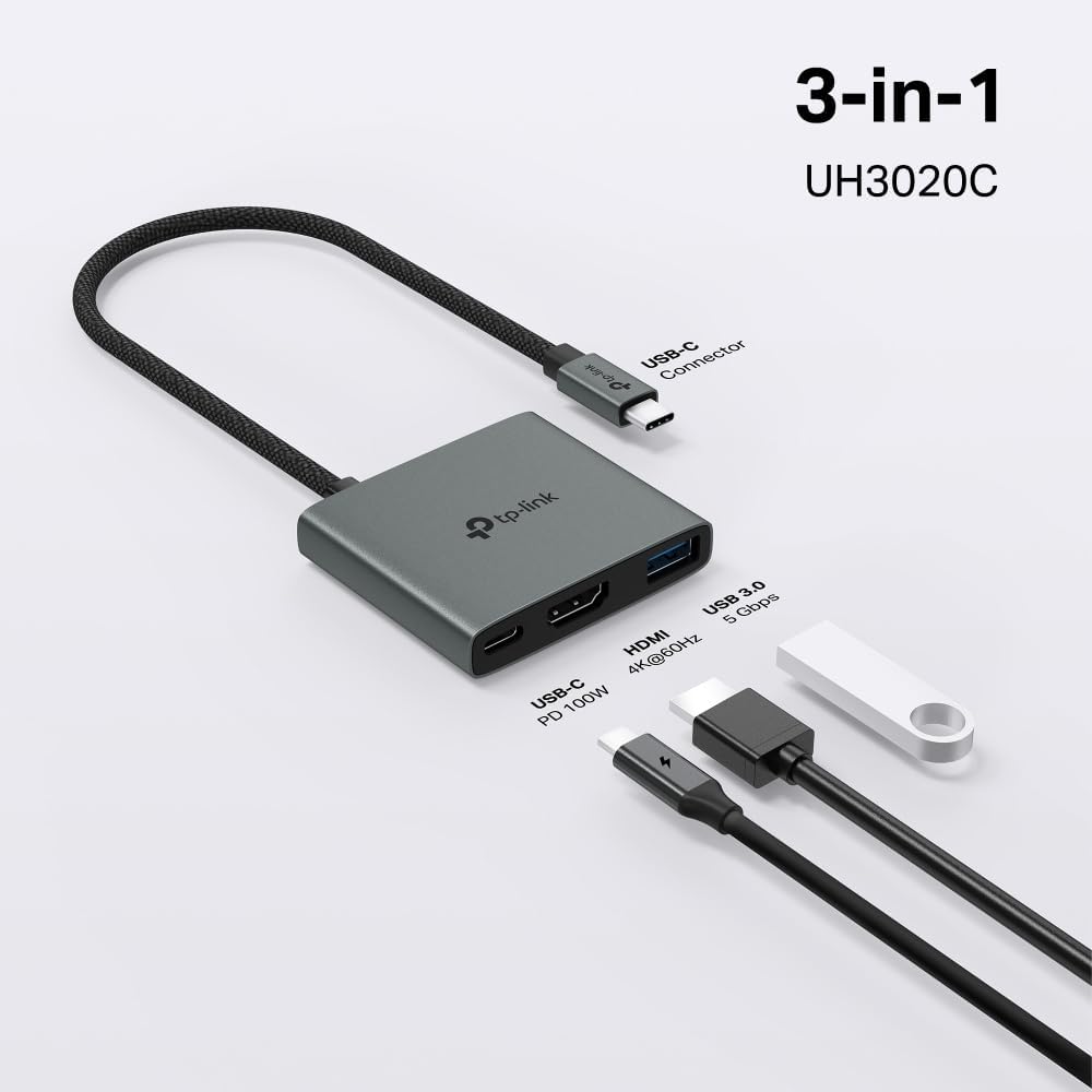 TP-Link 3-in-1 (UH3020C) 4K 100W 1USB-A 3.0 5Gbps USB C Hub Multiport Adapter | HDMI | Power Delivery | Port |