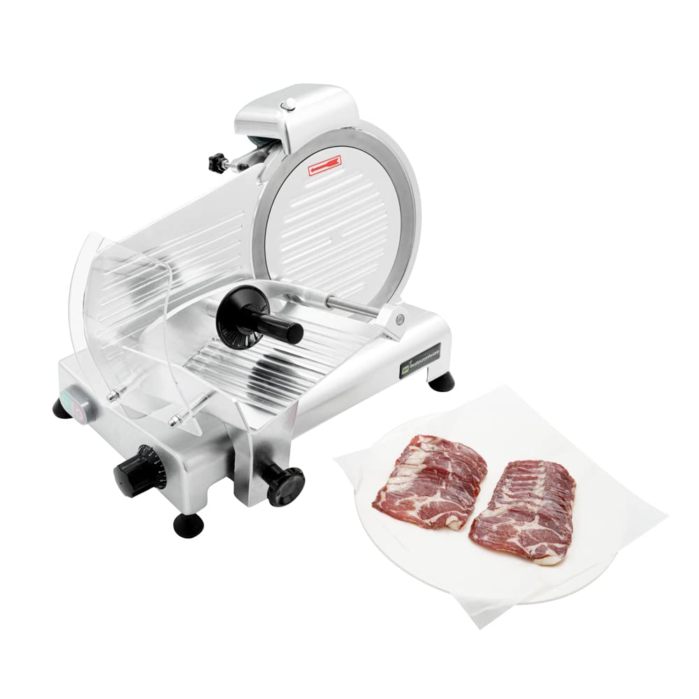 Restaurantware Bio Tek Meat Slicer 1 Adjustable Slice Size Manual Slicer - 320W Operation 0.25 Horsepower Stainless Steel Deli Slicer Built-In Sharpener Fixed Ring Guard