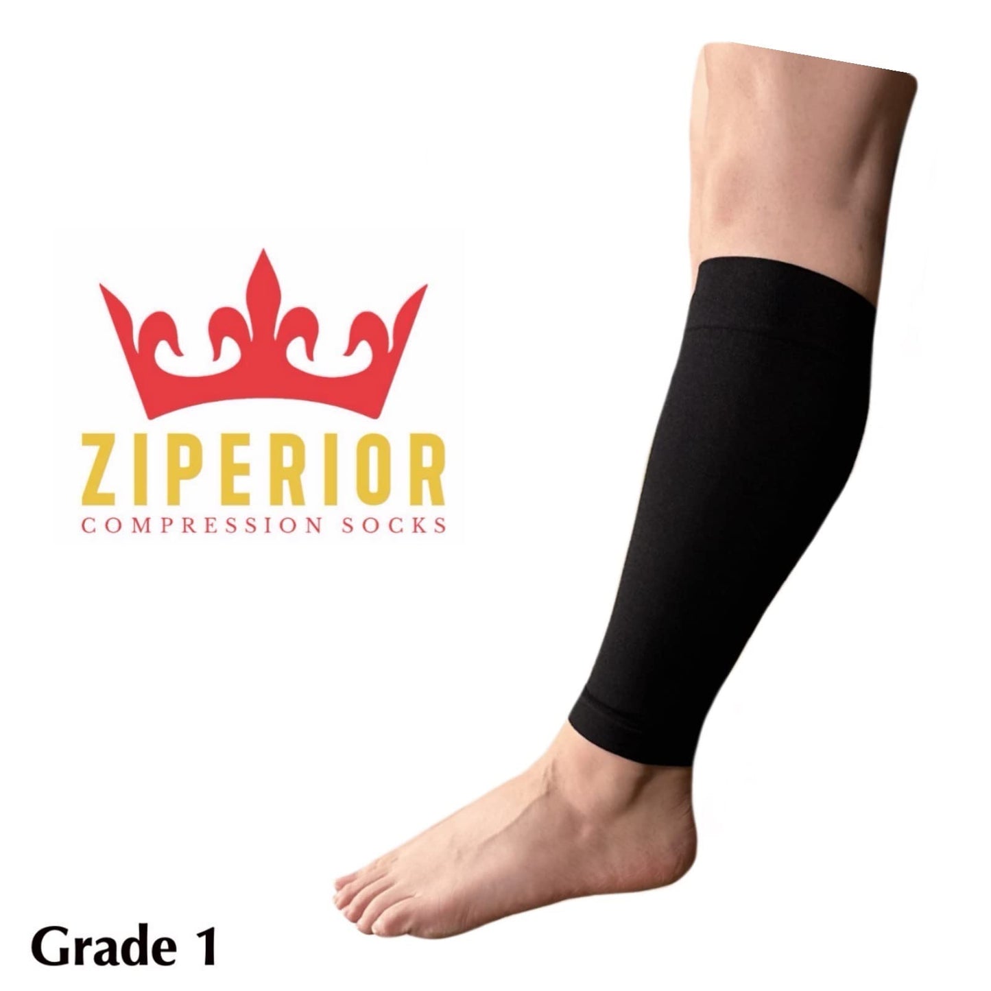 Ziperior 15-20 mmHg Compression Shin Calf No Foot Inside Leg Zipper Sleeves (Black, 2X-Large)