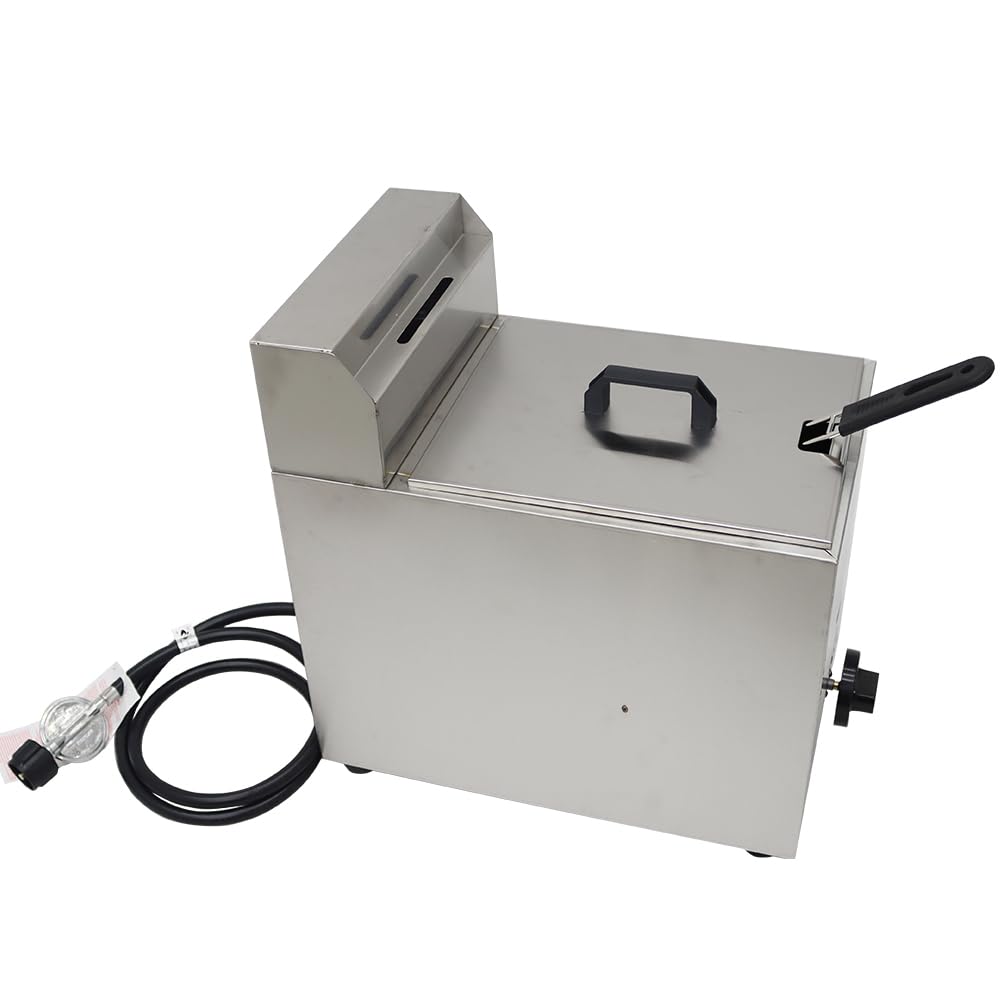 INTBUYING 6L Commercial Deep Fryer Single Tank LPG Gas Chips Stainless Steel Fryer with Fry Basket French Fries Fried Potato Chicken Frying Machine with Gas Regulator Valve