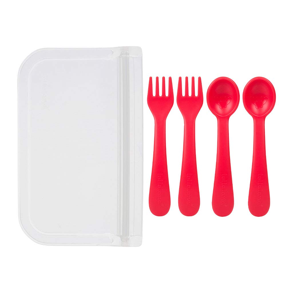 Lollaland 5 Piece Plastic Toddler Silverware Spoon and Fork Utensil Set - Reusable Toddler Cutlery With Hygienic Travel Pouch (Red) - 1 SET