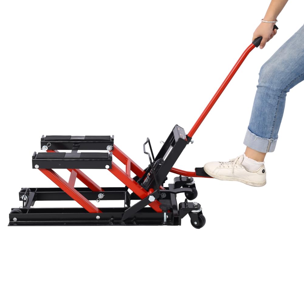 Hydraulic Motorcycle Lift Jack, 1500 LBS Capacity Scissor Lift Jack, Portable Motorcycle Lift Table with 4 Wheels, Hydraulic Foot-Operated H-oist Stand for Motorcycle UTV Black+Red One Size