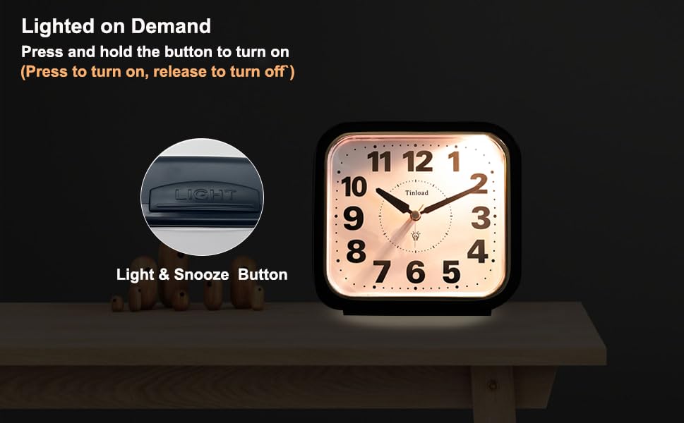 Tinload 5.5" Large No Ticking Analog Alarm Clock,Silent Readable for Seniors,Easy to Set,Gradual Rise Alarm,Big Numbers,Gentle Wake,Snooze, Lighted on Demand,Battery Operated,Black