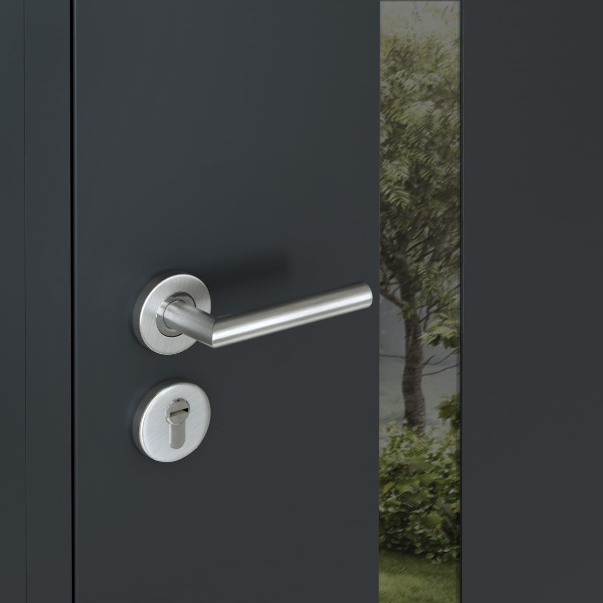 VDOMDOORS Front Exterior Prehung Steel Door/Cynex 6777 Black/Side Exterior Window/Stainless Inserts Single Modern Painted-W32+12" x H80-Right-hand Inswing