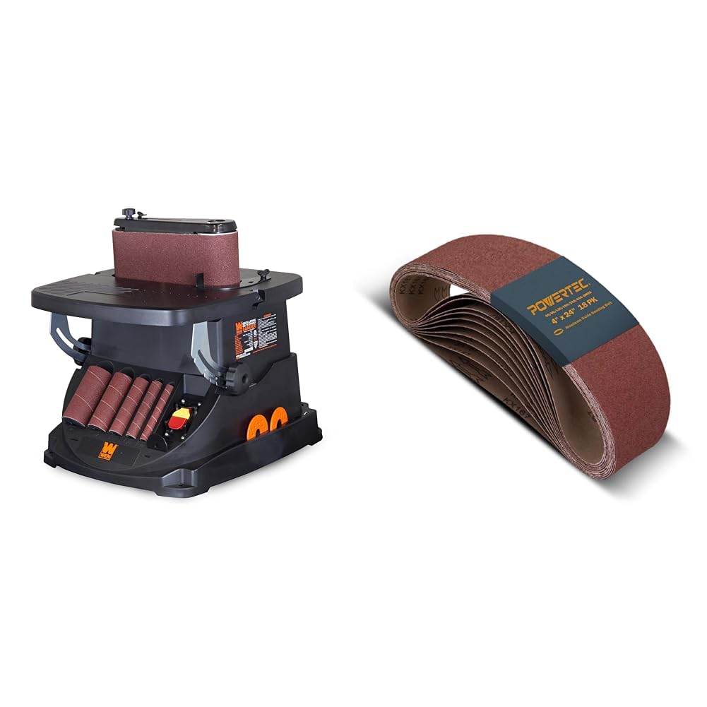 WEN 6524 Oscillating Belt and Spindle Sander & POWERTEC 4 x 24 Inch Sanding Belts, 3 Each of 60 80 120 150 240 400 Grits, 18PK