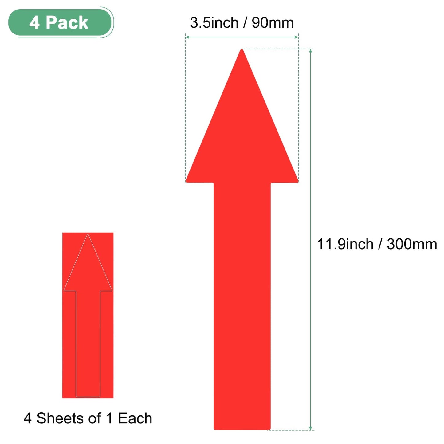 M METERXITY 4-Pack Arrow Sticker, 12 x 4 Inch/ 300 x 90 mm PVC Waterproof Self-Adhesive Directional Arrows Removable Directional Floor Decal Stickers for Wall Marking/Road Sign [Red]