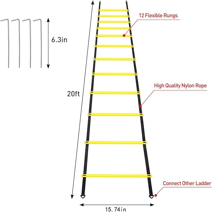 Pro Speed & Agility Training Set—Includes 12 Rung 20ft Adjustable Agility Ladder with Carrying Bag, 12 Disc Cones, 4 Steel Stakes, 1 Resistance Parachute, Use Equipment to Improve Footwork Any Sport