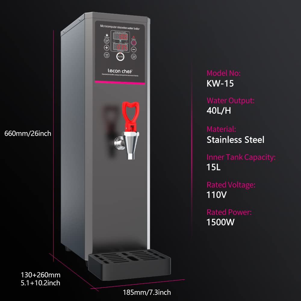 Lecon Chef Water Boiler Eletric Commercial Hot Water Dispenser Countertop with Filter Black Automatic 15L 1500W Fast Heating for Restaurant, Home, Office