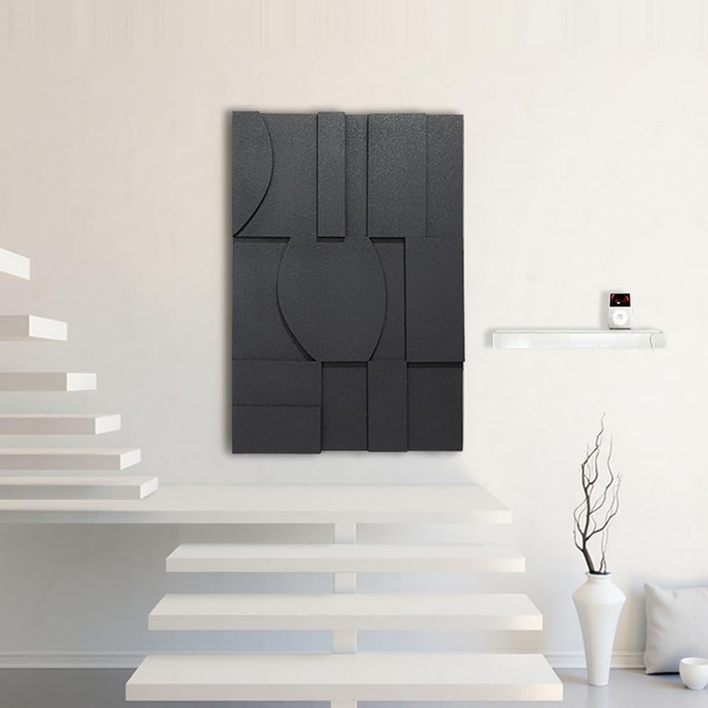 OIUYTOH 3D Textured Abstract Wall Art - Modern Black & Beige Geometric Design | 24x36 Inch Decor for Living Room, Dining Room, Bedroom, Office
