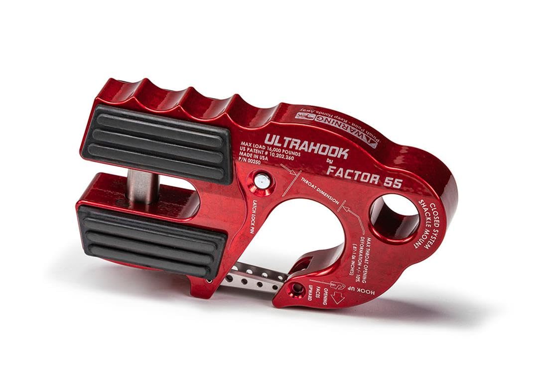 Factor 55 UltraHook Winch Hook Integrated Shackle Pin, Red (00250-01) Mount Recovery Towing Bundle w/a 1" Hawse Winch Fairlead (00016) & Keychain Light