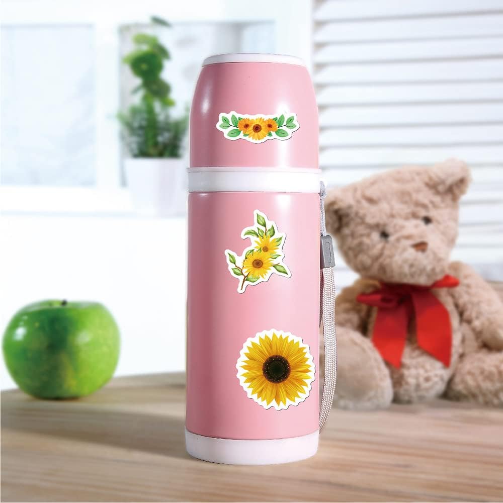 Ratgoo 50 Pack Pcs Bright Sunflower Stickers Cheerful Yellow Flowers Waterproof Vinyl Decal Stickers for Water Bottles