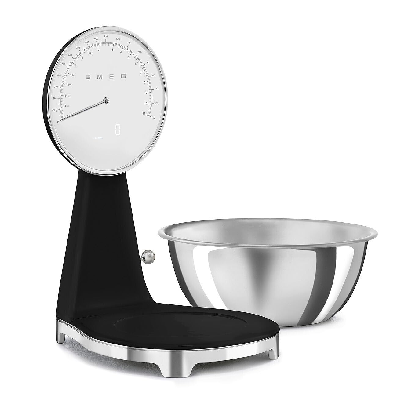 SMEG Retro-Style Kitchen Scale - 11 lb Capacity, Rechargeable Battery, Backlit LCD Display, Black Stainless Steel Bowl