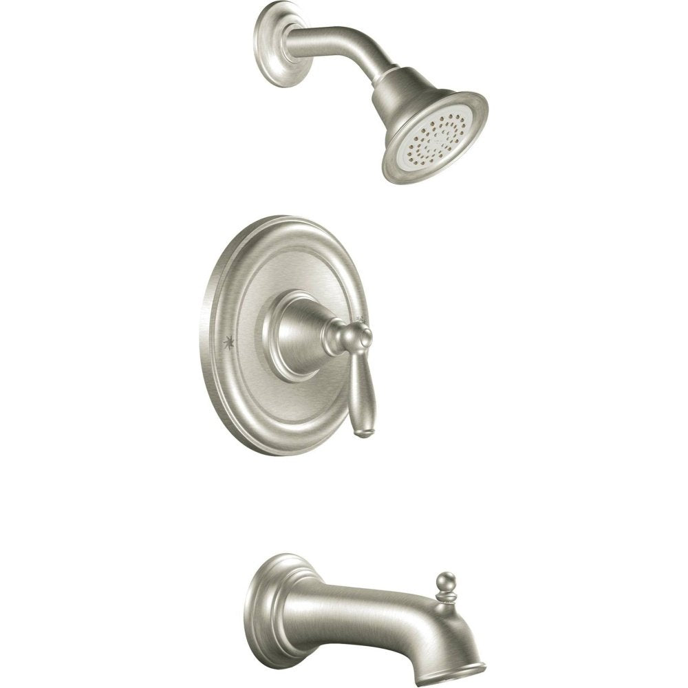 Moen Brantford Brushed Nickel Pressure Balancing Modern Bathtub and Shower Trim Kit with Shower Head, Shower Handle, and Tub Spout, Shower Faucet Set (Posi-Temp Valve Required), T2153BN