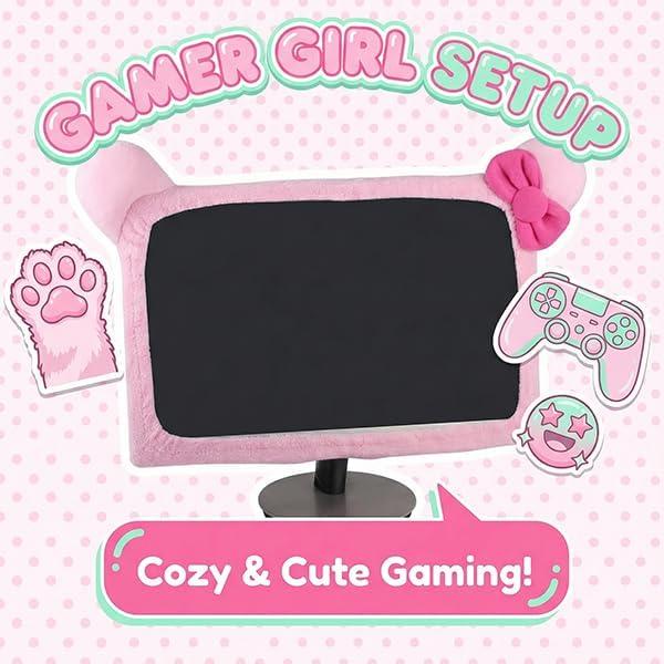 1 20-29 Inch Pcs Cute Cat Ear Computer Monitor Cover, Kawaii Pink Dustproof Screen Protector for Display, Soft Elastic