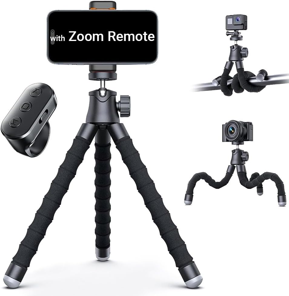 LenTok 360 Flexible Phone Tripod with Zoom Wireless Remote for iPhone Video Recording, Mini Octopus Camera Stand