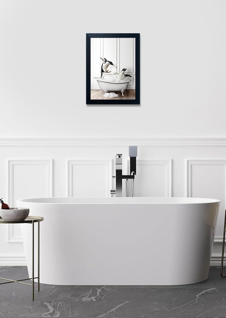 Skiennix Kids Bathroom Wall Art - Cute Penguins in Bathtub Canvas Print | Black & White Decor