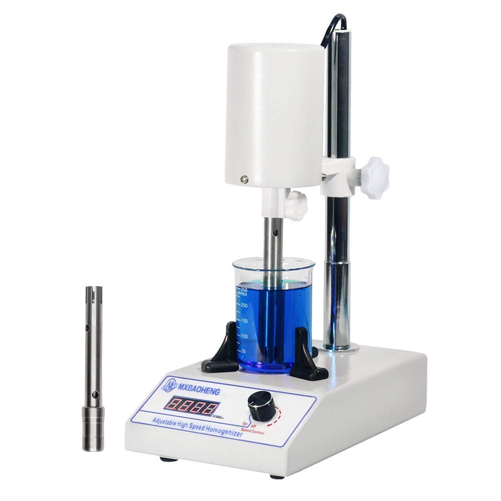 MXBAOHENG High Speed Homogenizer Lab Disperser Emulsifier 5~1000ml Speed Adjustable 6000~22000rpm w/ 2 Working Heads (110V)