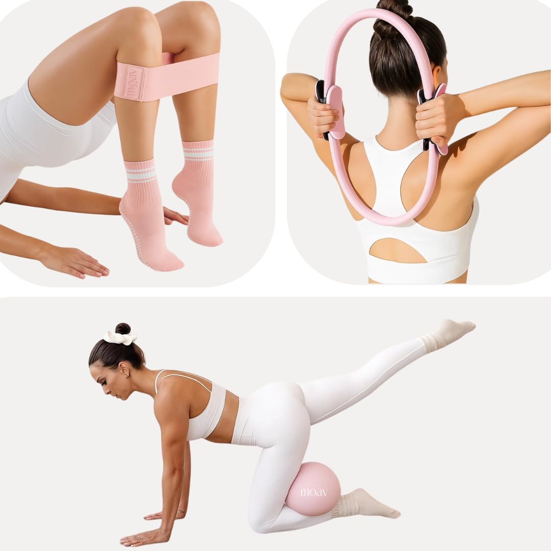 MOAV Premium Pilates Essentials Kit - 14" Ring with Cushioned Handles, Mini Ball with Pump, & 3 Durable Fabric Resistance Bands for Full Body Home Workouts (Rosè)