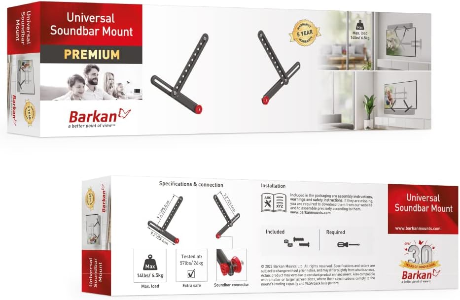Barkan 13-80 inch, 14 lbs, Soundbar Mount, Adjustable Bracket for Mounting Above or Under The TV, Sizes Fits Most