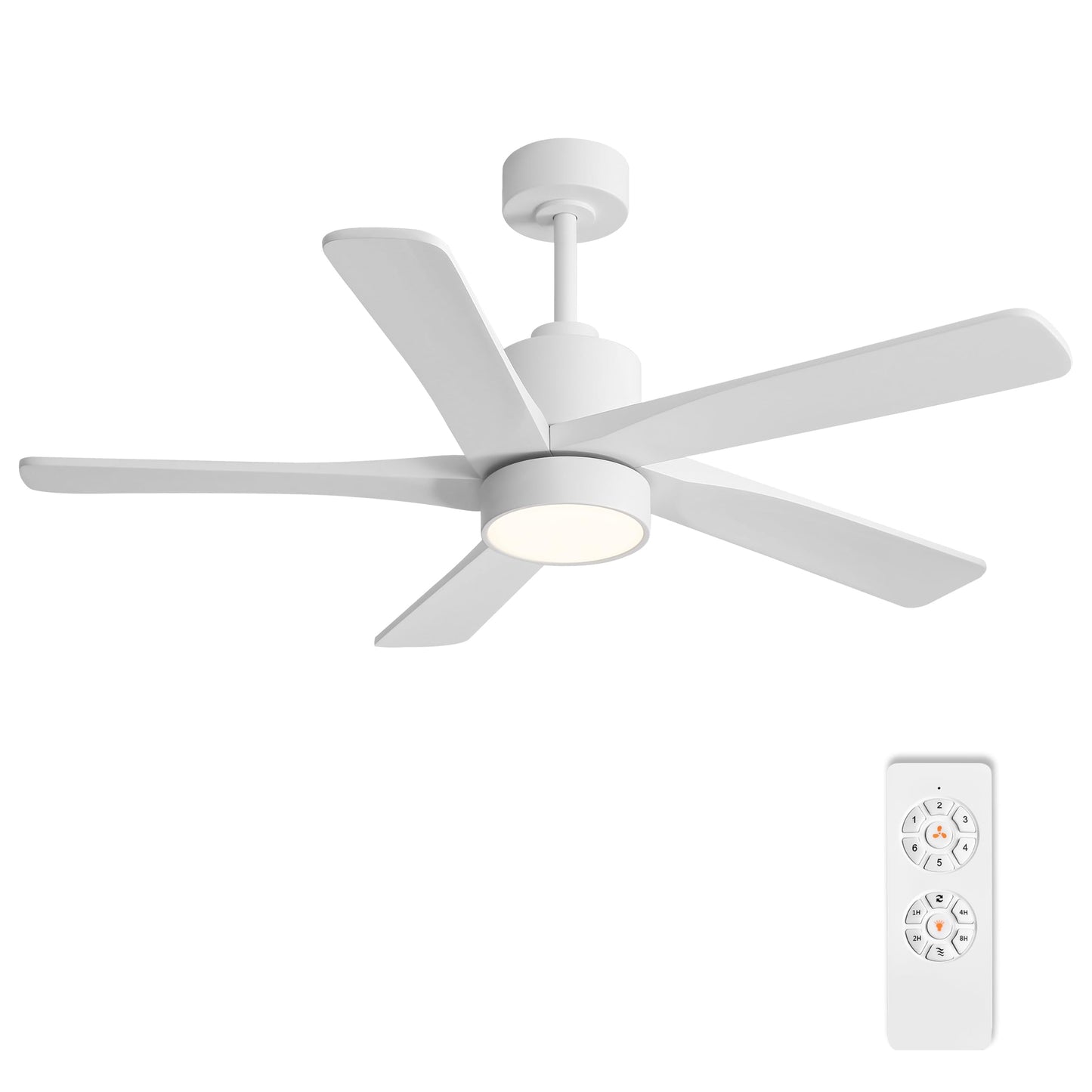 WINGBO 48 Inch DC Ceiling Fan with Lights and Remote Control, 5 Carved Solid Wood Blades, 6-Speed Noiseless Reversible DC Motor, Indoor Ceiling Fan in Gloss White Finish with White Blades